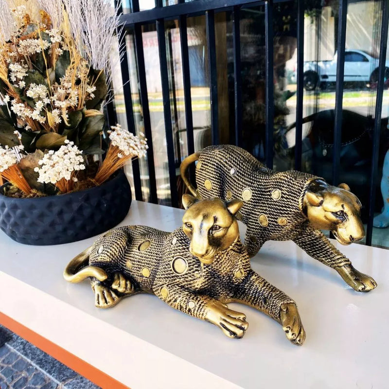 Escultura Pantera Dourada Casal | House Prime Brasil
