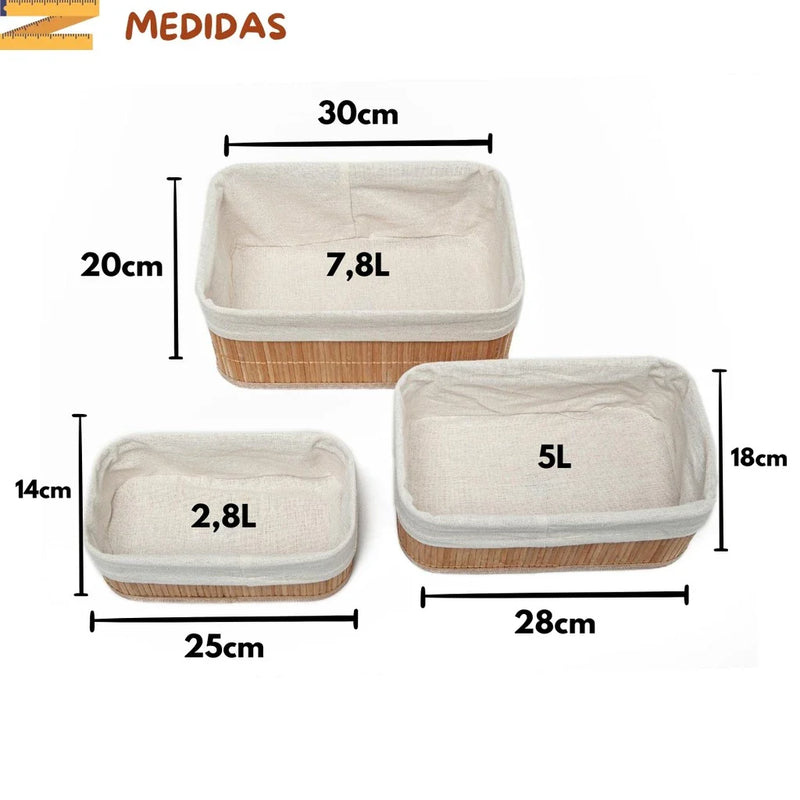 Kit 3 Cestos de Bambu com Forro | House Prime Brasil
